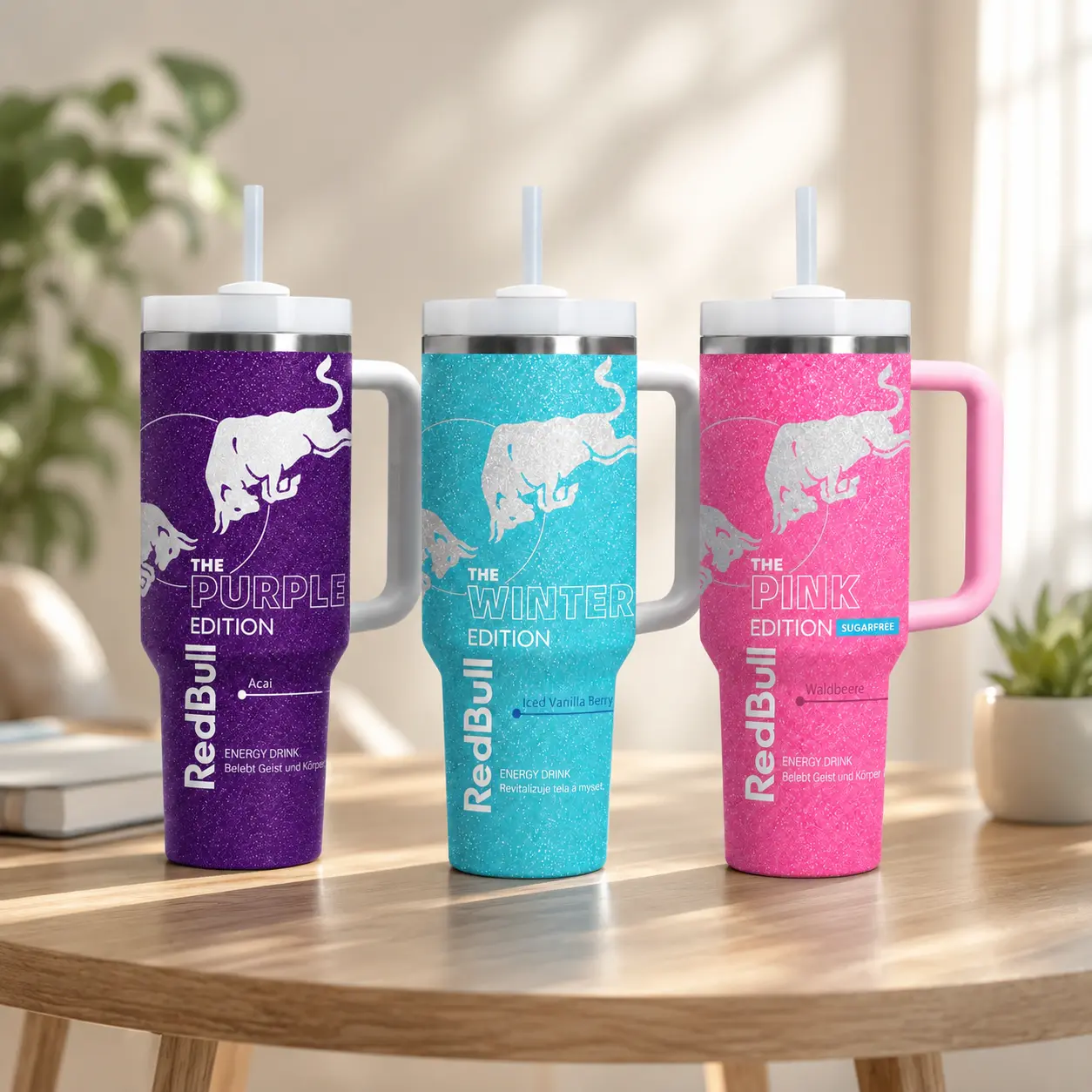 Glitter Texture Red Bull Pink, Blue & White Edition 40oz Stainless Steel Tumbler With Handle and Straw | Stainless Steel Travel Cup | Gift for Energy Drink Fans