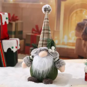 Christmas Rudolph Gnome Figurine, Plaid Pointed Hat Fuzzy Bearded Dwarf Doll, Pine Branch Ball Decor, Home Living Room Desk Holiday Decoration, Kids Christmas Gift
