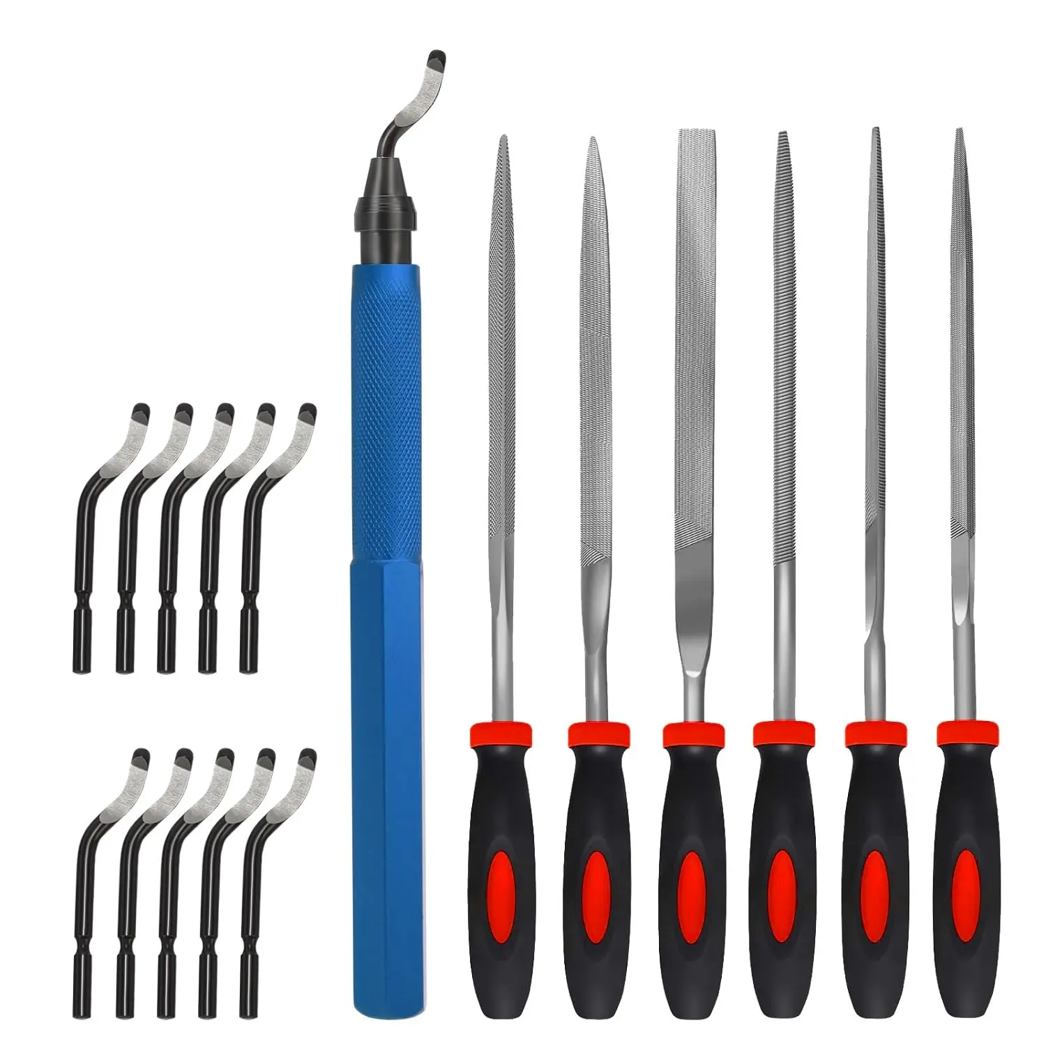 Deburring Tool Kit,with 6 count  Files. 6-1/2" Metal Handle Chamfer Tool for   Brass Plastic Pipes Tube Hole 3D Art with Extra 10 HSS