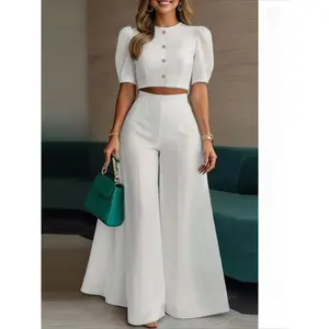 Two-Piece Set Women's Plain Woven Cropped Top & Elastic Waist Wide Leg Pants, Elegant Fashion Top & High Waist Trousers for Daily Wear, Womenswear for Summer