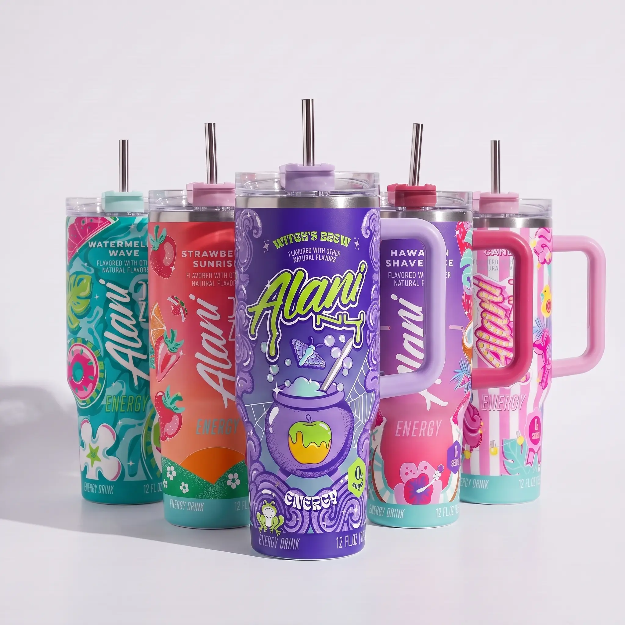 Alani Nu Full Color Tumbler With Handle - Witches Brew Energy Drink for Extreme Sports Athlete - Purple Cotton Candy, Hawaiian Shaved Ice, Witch's Brew Insulated Travel Mug With Straw Lid Portable Water Bottles Drinkware Reusable