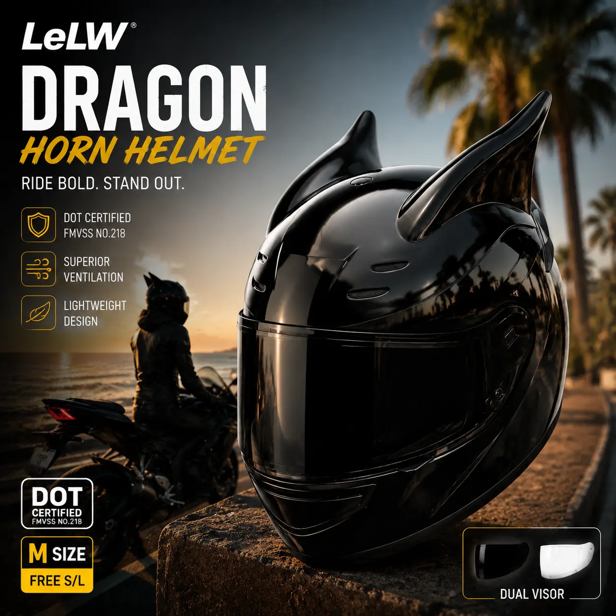 LeLW DOT Certified Lightweight Full-Face Motorcycle Helmet for Men & Women - Bluetooth Compatible, Aerodynamic, Breathable Vents, Removable Liner, Easy-Adjust Fit System, Dual Visor, City Streets Riding Gear