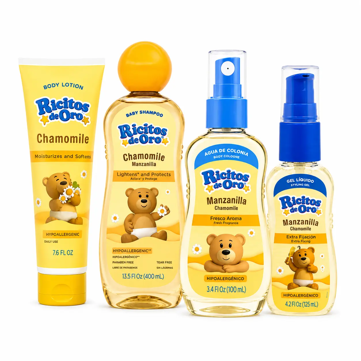 Ricitos de Oro Gentle Chamomile Hypoallergenic Daily Body Care Set - Tear-Free Fragrance Cleanser, Moisturizing Shampoo, Fresh Clean Aroma Body Lotion, Cologne, Styling Gel for Sensitive Skin