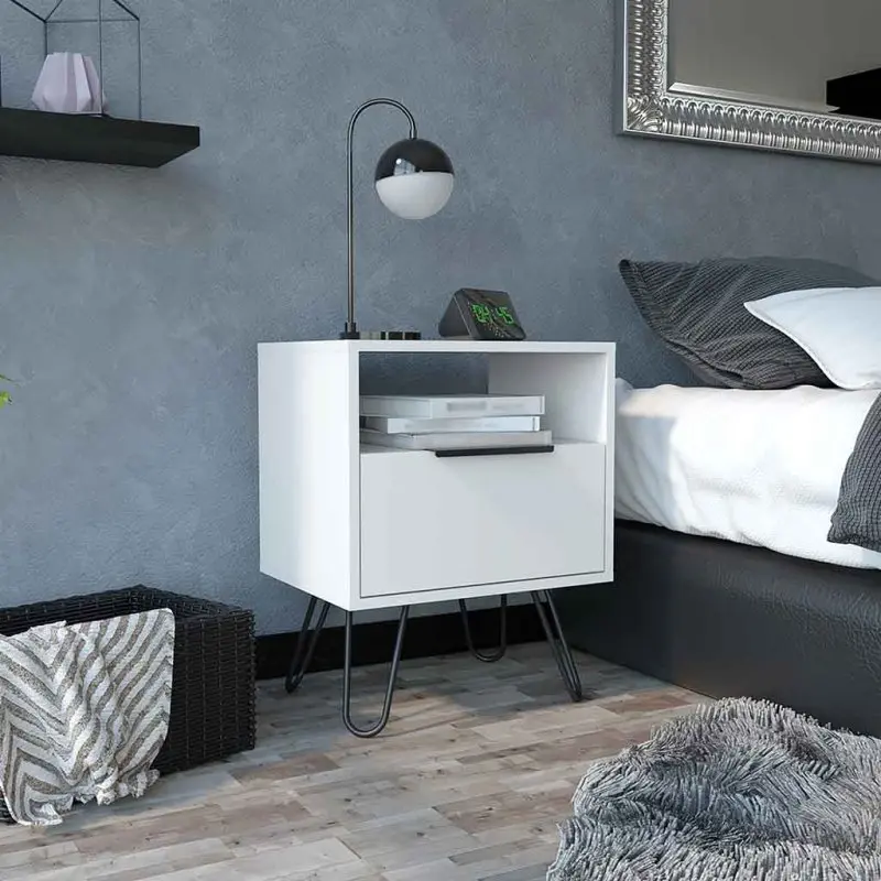 Nightstand Skyoner Single Drawer Hairpin Legs White Finish