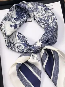 Women's Elegant Silk-Like Bandana - 27-Inch Chinese Ink Painting Print Square Scarf, Versatile for Neck/Head/Bag Decoration, 4-Season Accessory