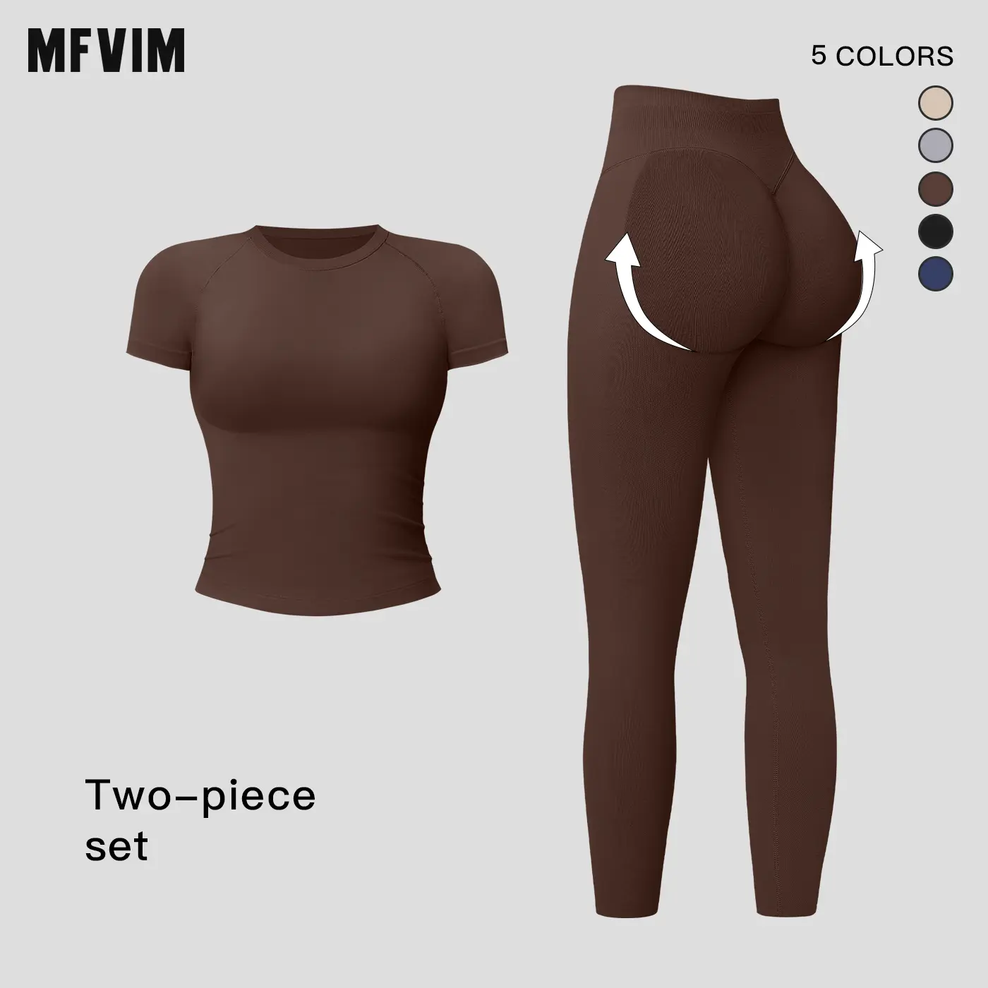 MFVIM Women’s Ribbed Crew Neck Short Sleeve Yoga Set — High-Waisted Butt-Lifting Full-Length Compression Yoga Pants, Second-Skin Slim Fit Fitness Two-Piece Set