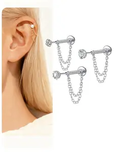 Stainless Steel Cz Cube Earrings, 20g Push-Back Studs, Heart Chain Design, Unisex Cartilage Ear Pins, Fashionable Jewelry Gift, Heart Shaped Earrings, Heart Shape Earrings