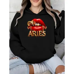 Women's Aries Zodiac Graphic Hoodie - Casual Pullover with Red Lips & Golden Accents, Polyester Machine-Washable Sweatshirt, All-Season Comfort Fit, Bold Design, Comfortable Fit