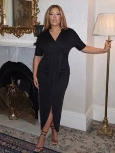 Plus Size Deep V Neck Wrap Midi Dress, Short Sleeve Front Drape High Slit, Elegant Bodycon Party Dress, Plain Pattern, Fitted Style, Womenswear