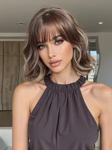 Short Bob Wig Heat Resistant Fiber, Curly Fringe Wig for Daily Use, Ash Blonde Highlight，10inch Synthetic Material Wigs