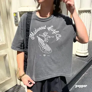 Midwest Surf Co Graphic Boxy Tee Retro Cowboy Surfing Aesthetic Streetwear Comfort Colors Style Oversized Casual TikTok Trend Unisex Shirt