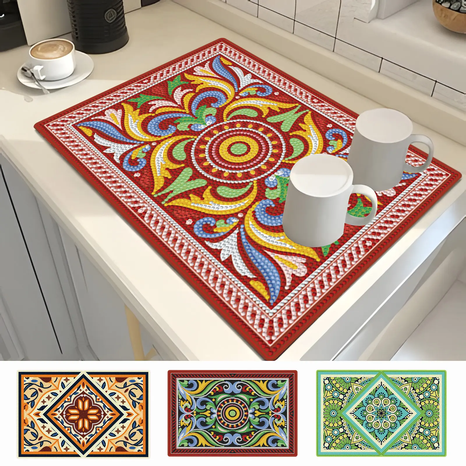 4-Pack Mandala Diamond Painting Placemats & Coasters for Desk, 2-in-1 DIY Craft Set, Oil-Proof, Heat-Resistant, Reusable, Ideal for Dining Tables (Toys & Hobbies, DIY Needlework), Coaster For Desk, Diamond Painting Coasters