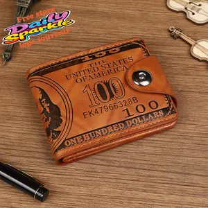 Ultralight men's retro wallet, made of brown leather and decorated with a dollar sign pattern. Compact and lightweight, perfect for everyday use. [Includes a complimentary commemorative keychain with the store logo.]