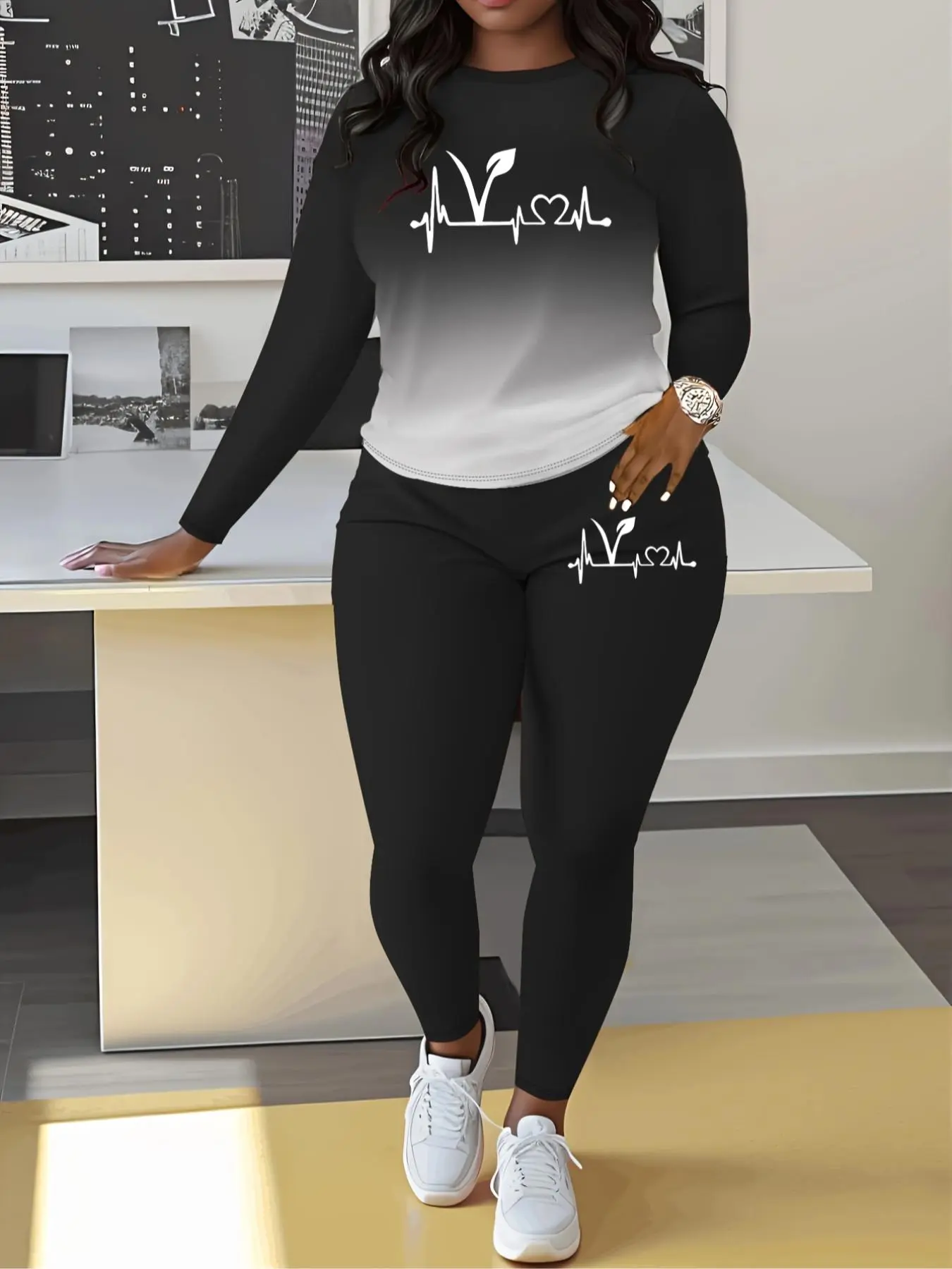 Women's Ombre Letter Print Sweatshirt & Skinny Pants Two-piece Set, Casual Fitted Round Neck Long Sleeve Pullover & Trousers for Spring & Fall, Women's Clothes for Daily Wear, Casual Loungewear Sets, Pants Top Set