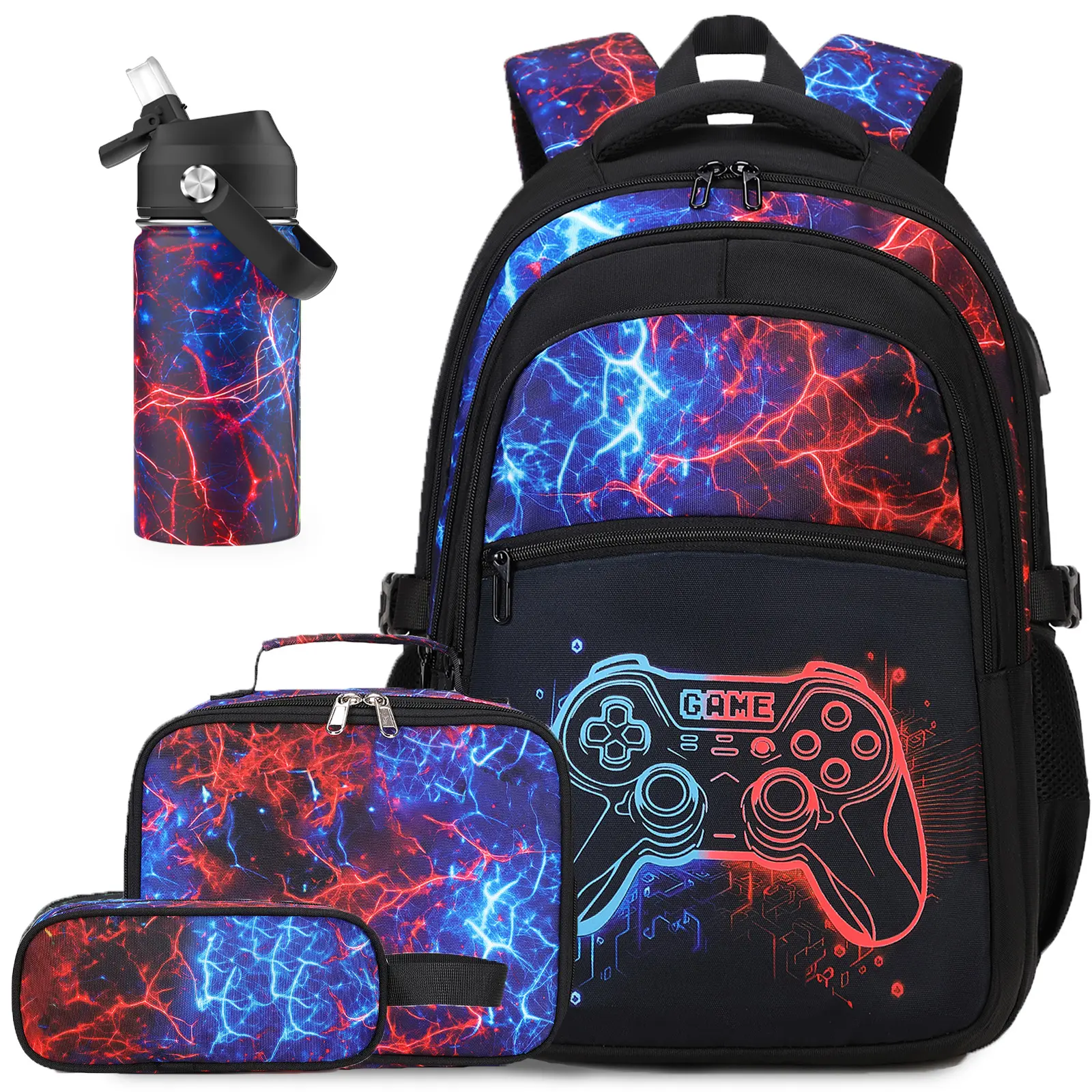 4PCS Boys Backpack for School, Cool Luminous Gamer Backpack for Boys with Lunch Bag&Pencil Case&Water Bottle, Kids Backpacks Bookbag for Teen Boy Elementary Middle High School with USB Charging Port, Back to School Gift, Birthday's Gift