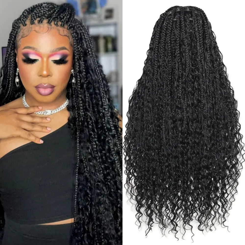 Asteria Hair 36 Inch Boho Knotless Braids Style 13x6/Full Lace Front Braid Wigs with Curls Synthetic Braided Wig