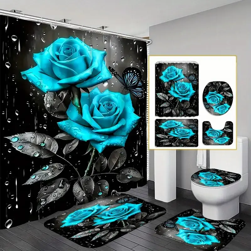 1/4-piece turquoise rose-patterned shower curtain set, Bathroom Supplies, includes a shower curtain, toilet seat cover, rectangular and U-shaped mats, for bathroom décor, it comes with 12 shower curtain hooks, Bathroom Decoration Accessories