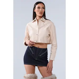 LUXURY GIRL WOVEN PU CROPPED BUTTON UP SHIRT IN IVORY