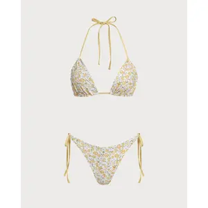 rihoas Yellow Floral Triangle Bikini Set, Women's Bikini Swimsuits with Floral Top for Beach & Outdoor Sports, Floral Bikini Top