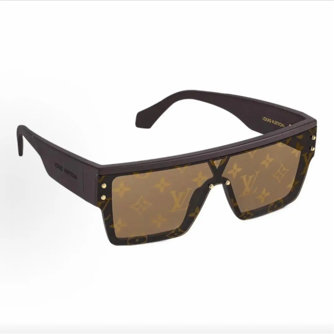 Pre-owned Brand new Louis Vuitton Cyclone Flat Top Shield Sunglasses, Dark Brown Frame / Classic Gold LV Monogram Printed Light Brown Lens（Do not purchase directly. Contact us for details.）