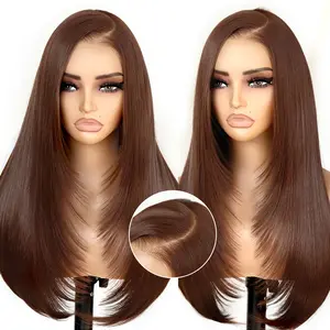 Synthetic 9x7 Glueless C-Part Layered Wig Wear and Go Lace Front Straight Wig Pre Plucked Pre Cut Natural Hairline with Tiny Knots