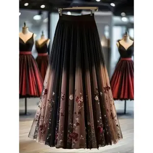 Plus Size, Women's Elegant A-Line Skirt - Short/semi-Length Skirt with Floral Print, Non-Stretch Fabric (Hand Washable) for Spring/Autumn, Office to Party Wear - Versatile Classic A-Line Hem for Casual & Formal Outfits