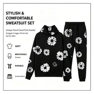 Denim Tears  Men's Cotton Wreath Print Hoodie, Oversized Long Sleeve Pullover Hooded Sweatshirt with Front Pocket, Casual Loose Streetwear Top for Daily Outing, Hip Hop Street Style, Couple Matching, Skateboarding