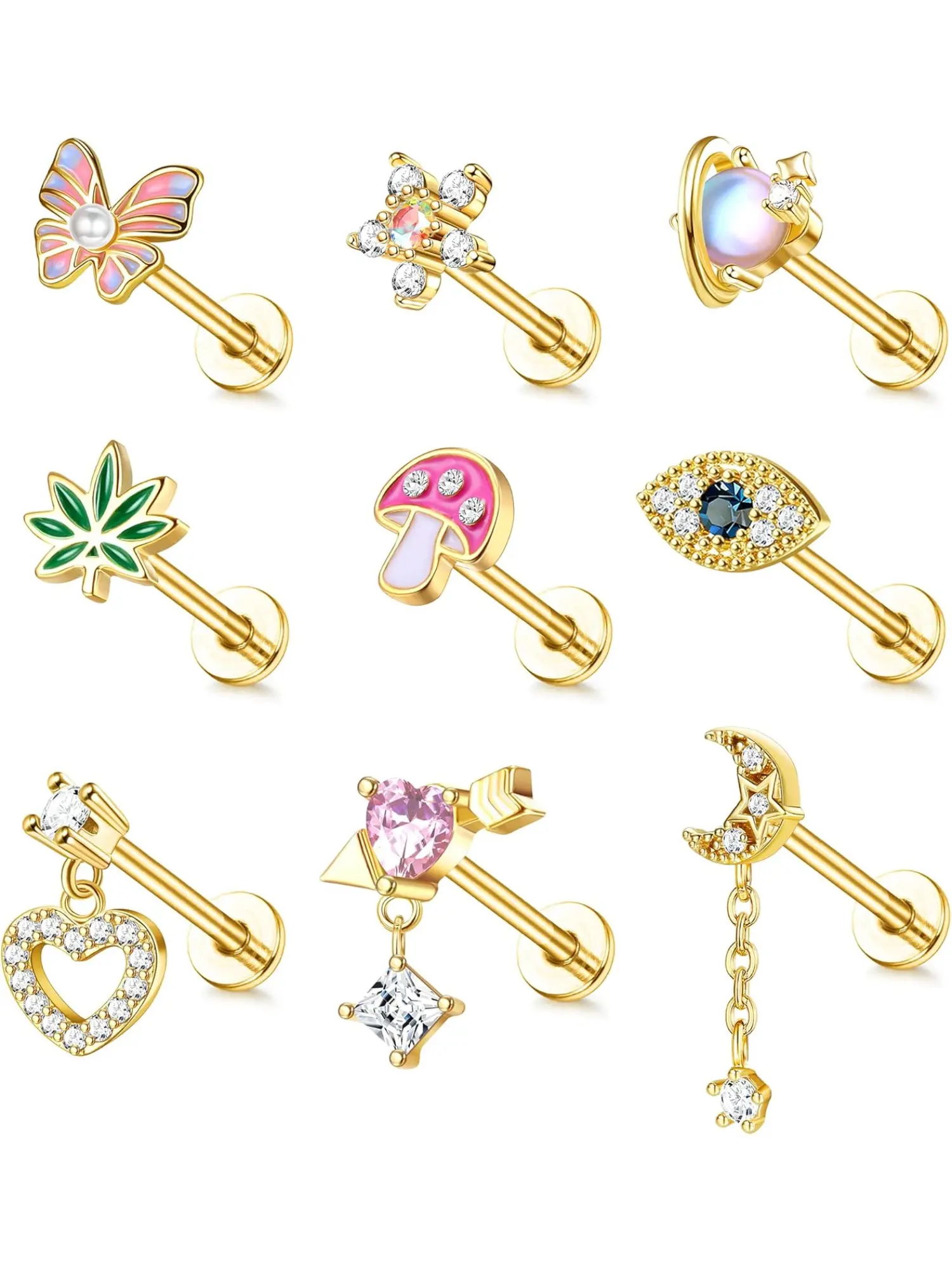 9 Pcs Gold Tragus Cartilage Helix Conch Piercing Jewelry, Chic Body Jewelry, 16G Surgical Stainless Steel Cartilage Tragus Earrings for Women Cartilage Labret Jewelry Helix Tragus Piercing Flower Ear Piercing Stud Conch Jewelry Multiple Piercing Jewelry