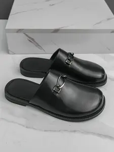 Men's Round Toe Mule Slippers, Casual Fashion Slip-On Shoes, Slip On Mules, Comfortable Textile Upper, PVC Leather Sole, Summer Outdoor Beach Walkers