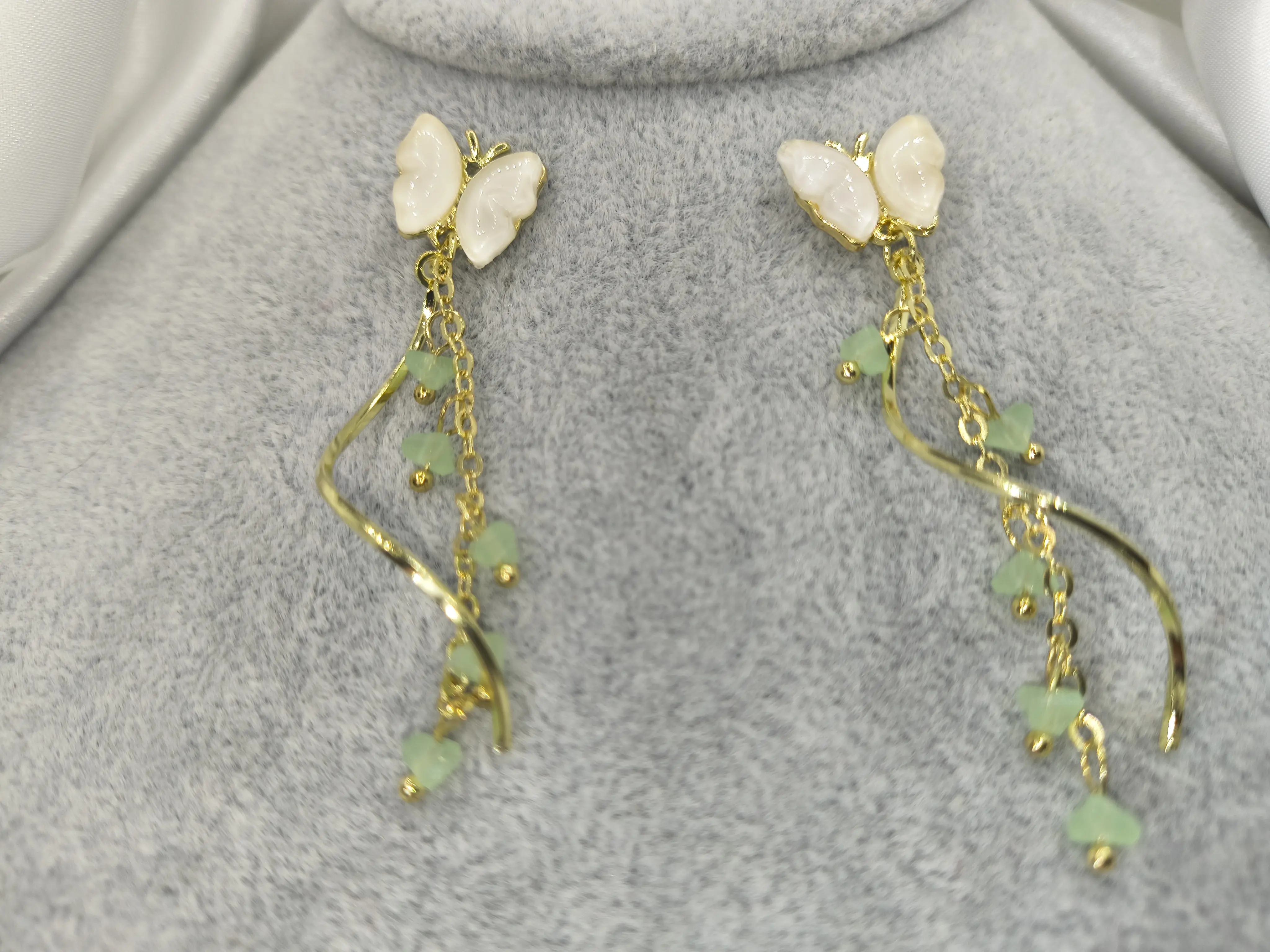 Gold Butterfly Drop Earrings with White Enamel Wings Green Crystal Charms Elegant Fairycore Style for Women Dainty Crystal Chain
