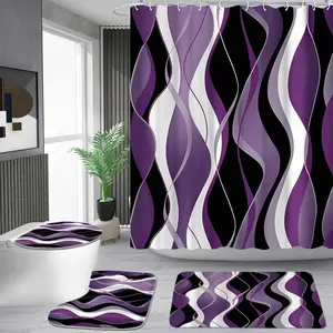 1/4 piece purple black and white wavy pattern shower curtain set, waterproof shower curtain with 12 hooks, non-slip bathroom carpet, toilet U-shaped cushion, toilet seat cover cushion, bathroom shower curtain set, perfect moving gift.