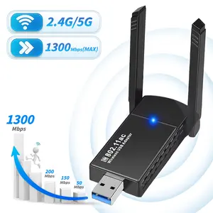 1300Mbps Wireless USB WiFi Adapter for Desktop PC， with 2.4GHz, 5GHz High Gain Dual Band 5dBi Antenna, WPA3, Supports Windows 11/10 ，Internet Network WiFi Card,WiFi Adapter, HD Video Streaming