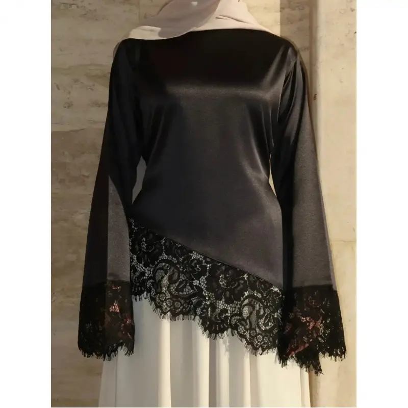 Women's Elegant Satin Blouse, Long Sleeve Tops for Women with V-Neck Lace Trim, Lace-Up Detail and Tie-Back Design for Weddings, Long Sleeve Tops Women