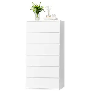 White Dresser, 6 Drawer Dresser, Modern Tall Floor Storage Cabinet with Metal Sliding Rail, Wooden Handleless Drawer Cabinet, 6-Layer Large Capacity Vertical Dressers for Home & Office