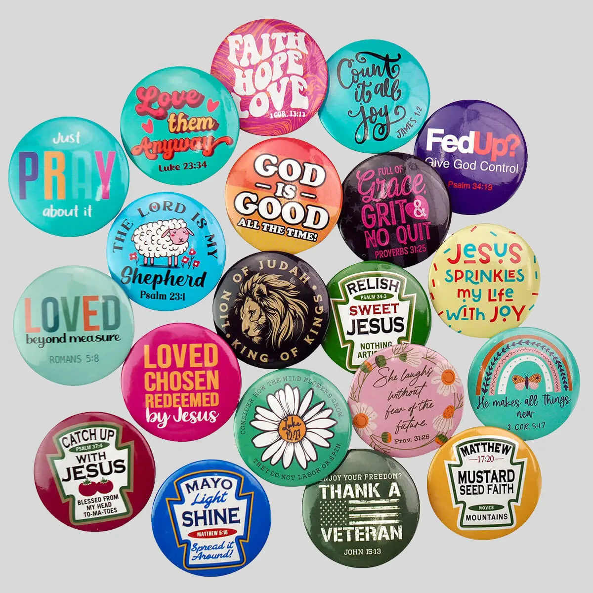 Kerusso 1.5-in Assorted Slogan Button Assortment (2025) - 20 Pc Collar Clip & Brooch Set for Fed Up, Grace & Grit Themes