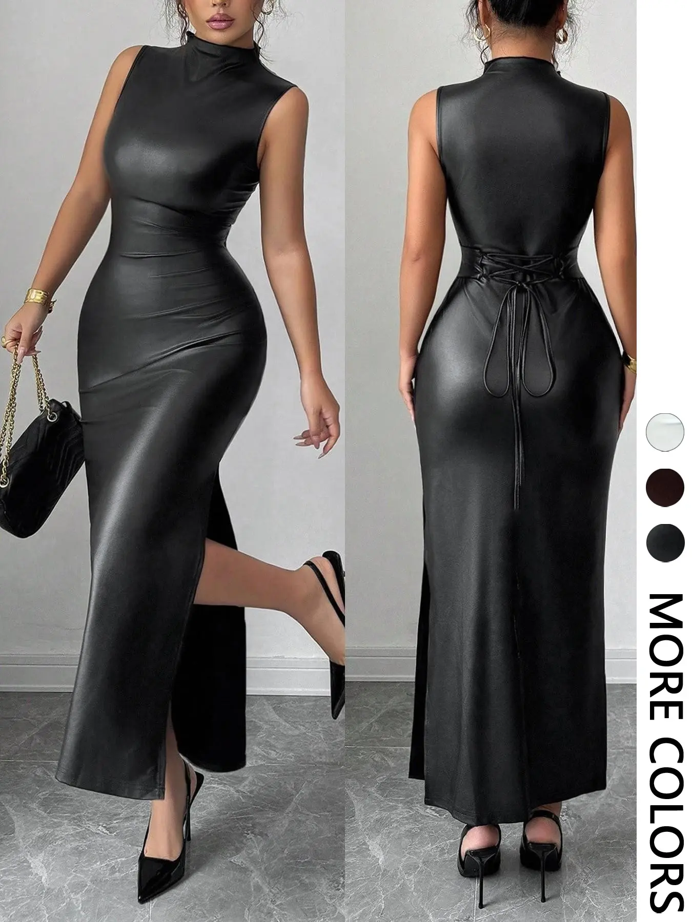 Women's Casual Sleeveless Leather PU Back Bow Side Slit Dress, Date Night Dress, Stylish Summer Fashion, Comfortable and Elegant Design, Minimalist, Date Night Outfit