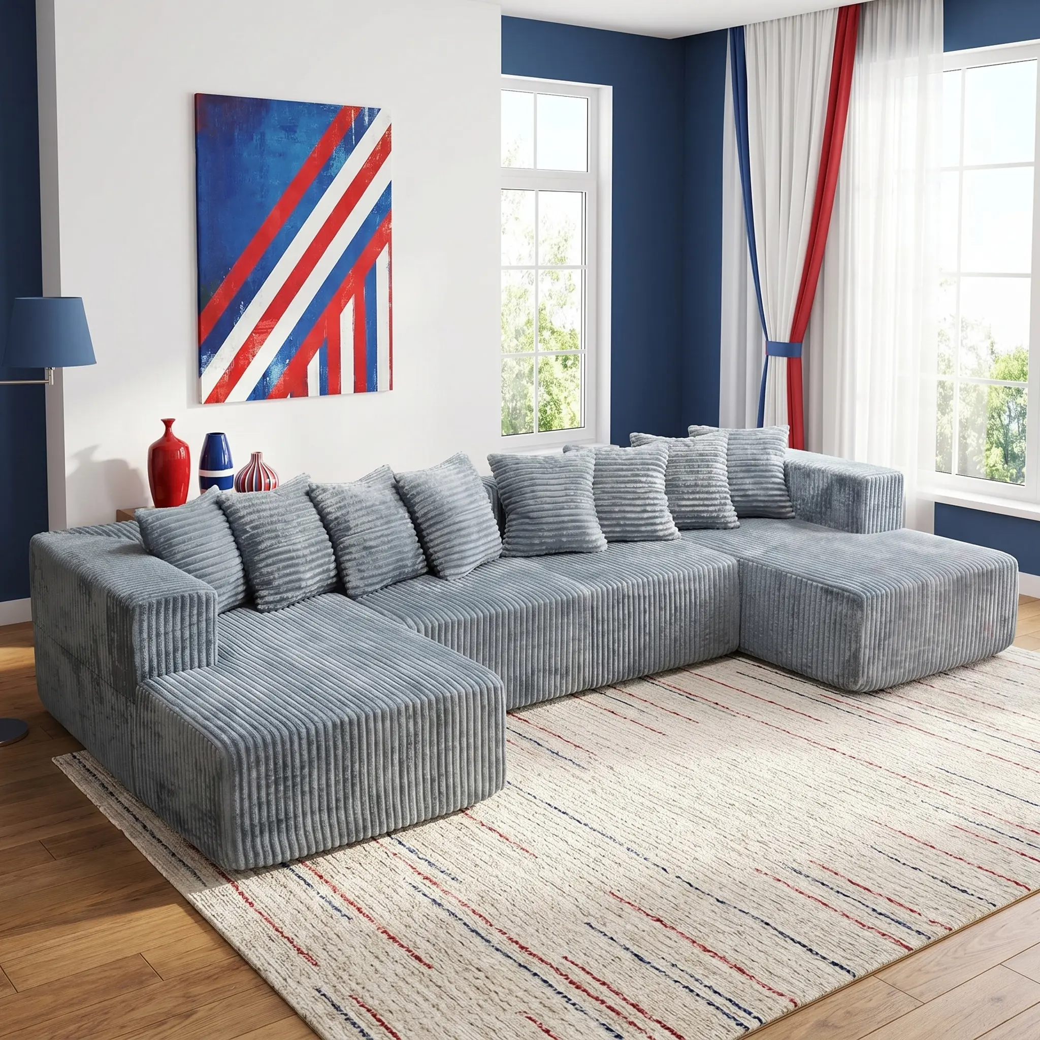 U-Shape Modular Sectional Sofa - Compressed Corduroy, 2-Package Shipping, 6 Free Pillows, Modern Convertible Sleeper, Space-Efficient Design, Living Room Couch, Sofas for Living Room, Apartment Indoor Furniture, Summervibes, Couch For Living Room
