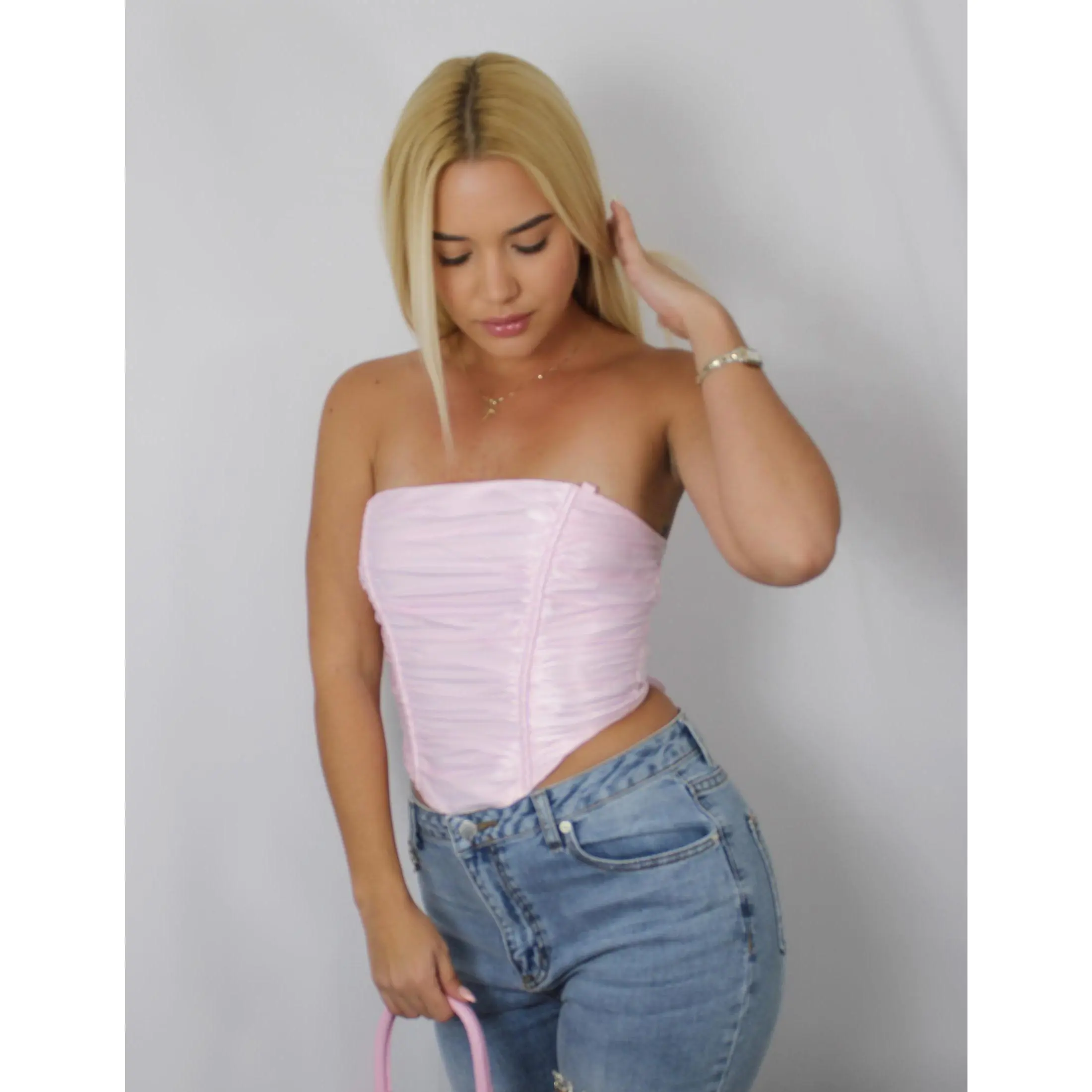 baby Pink - Stretch Satin Ruched Corset Bustier