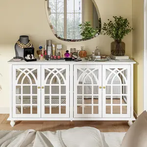 FUFU&GAGA Sideboard Buffet Cabinet with 4 Storage Compartments & 4 Carved Mirror Doors, Kitchen Console Table Storage Cabinet Coffee Bar Accent Cabinet for Living Room, Hallway, White Furniture Design