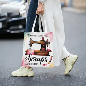 Vintage Sewing Machine Printed Canvas Tote Bag, Large Capacity Reusable Shoulder Handbag for Shopping Travel Daily Use, Eco-Friendly Cotton Fabric Craft Theme Women's Casual Shoulder Bag with Zipper