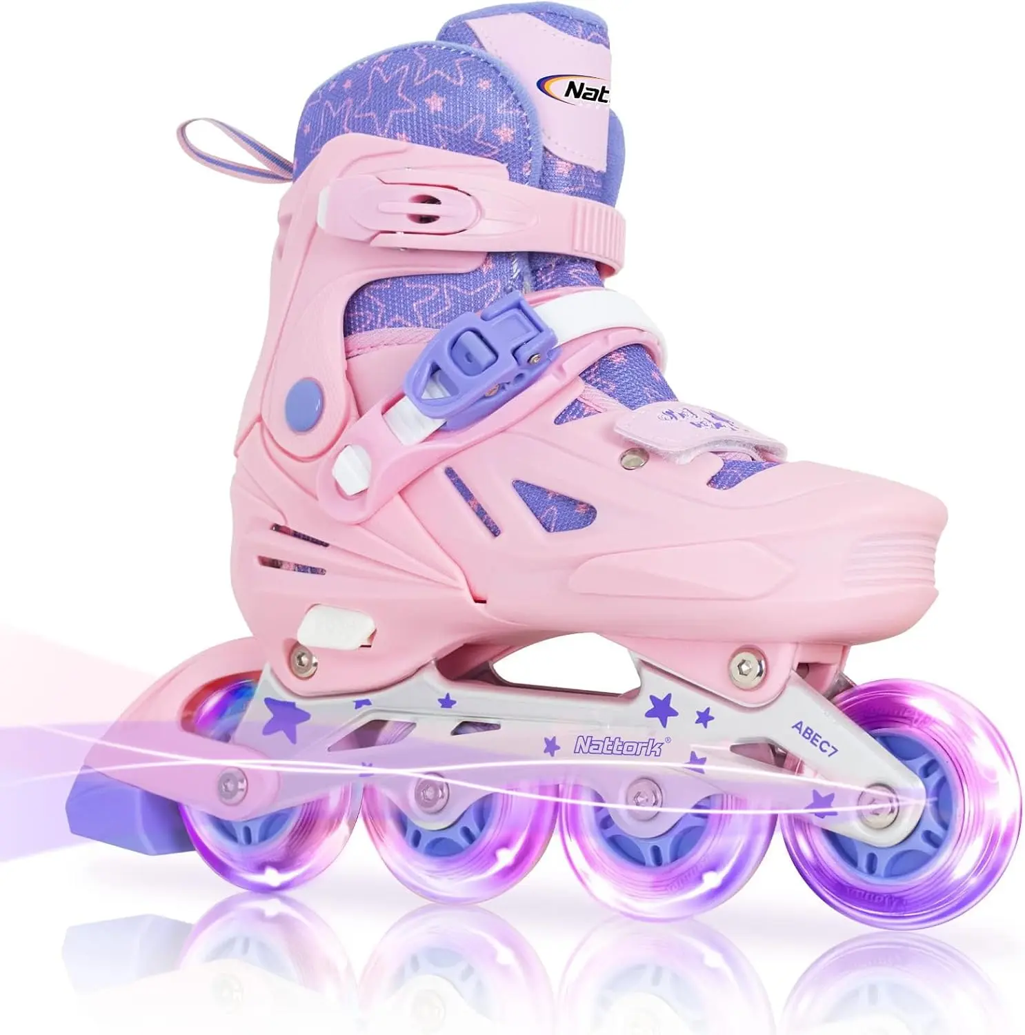 4 Size Adjustable Kids Inline Rollerblades Boys Girls Youth, Battery-Free Self-Powered Flashing Light Up Wheels Beginner Training Starter Skates, Indoor Outdoor Street Fitness Sports Equipment, Birthday Christmas Easter Holiday Gift