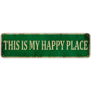 Funny Sarcastic Metal Tin Sign Wall Decor Man Cave Bar - This is My Happy Place Sign, 4" x 16"