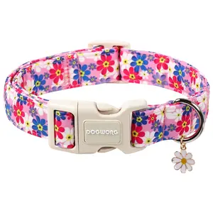 DOGWONG Purple Flower Dog Collar, Adjustable Cotton Daisy Puppy Accessory with Quick-Release Buckle for Small, Medium & Large Girl Boy Dogs