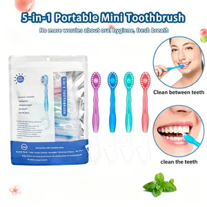 26Pcs 5 in 1 Mini Brushes - Disposable Toothbrushes with Toothpaste + Floss + Pick + Tongue Scraper | Individually Wrapped | Mint | 4Flavor Travel Set for Hotel Camping Flight Car Guest Use