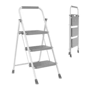 3 Step Ladder Folding Step Stool with Non-Slip Rubber Treads and Sturdy Steel Frame, Portable Lightweight Collapsible Step Ladder with Safe Locking Mechanism and Ergonomic Handle for Kitchen Home Use, 800 LBS Capacity