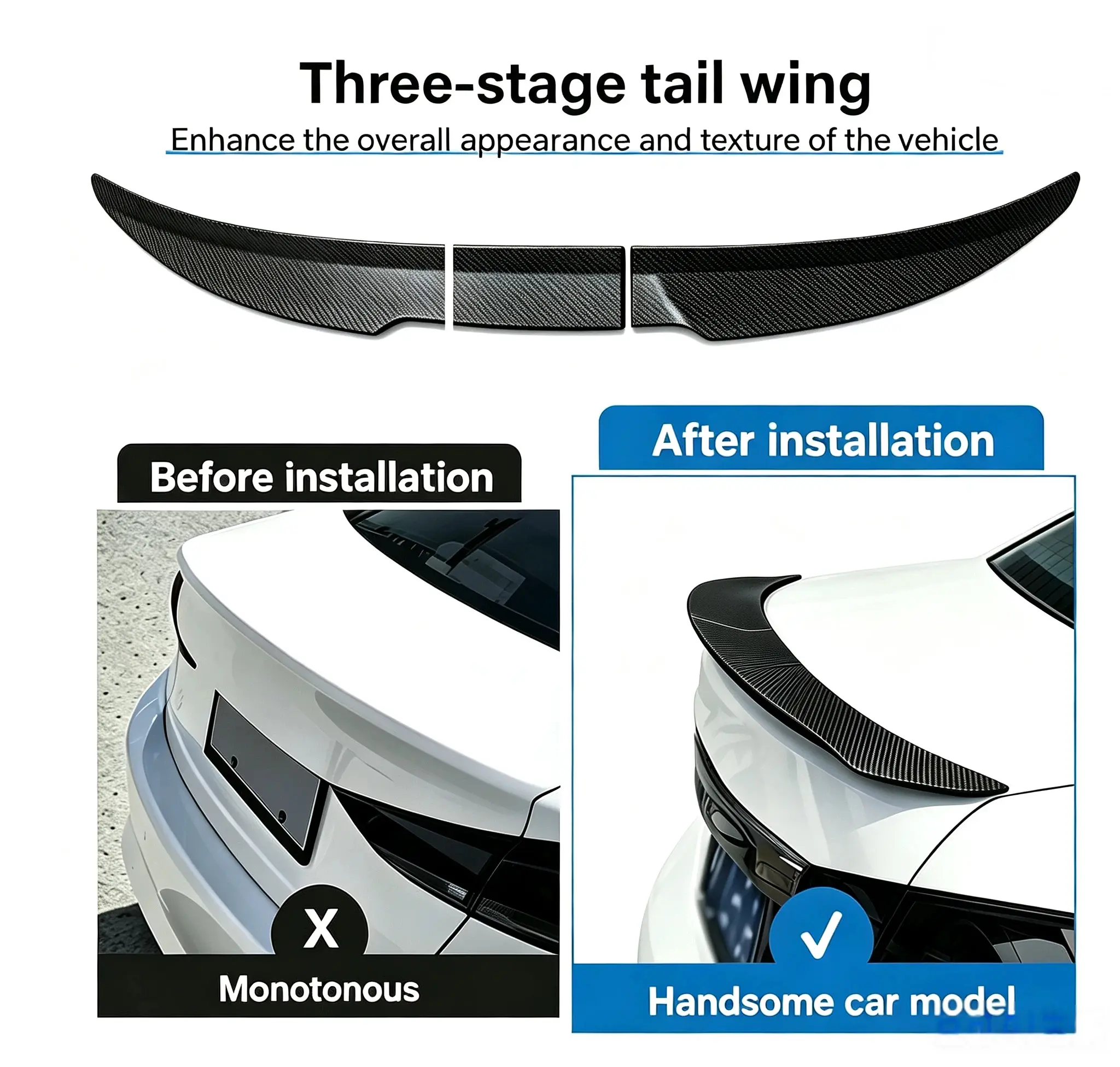Adjustable 3-Segment ABS Universal Rear Trunk Spoiler, Drill-Free Adhesive-Mount Sport Roof Diffuser, Gloss Black Carbon Fiber Texture Automotive Aerodynamic Modification Car Accessories, Accessories for Car, Car Stuff