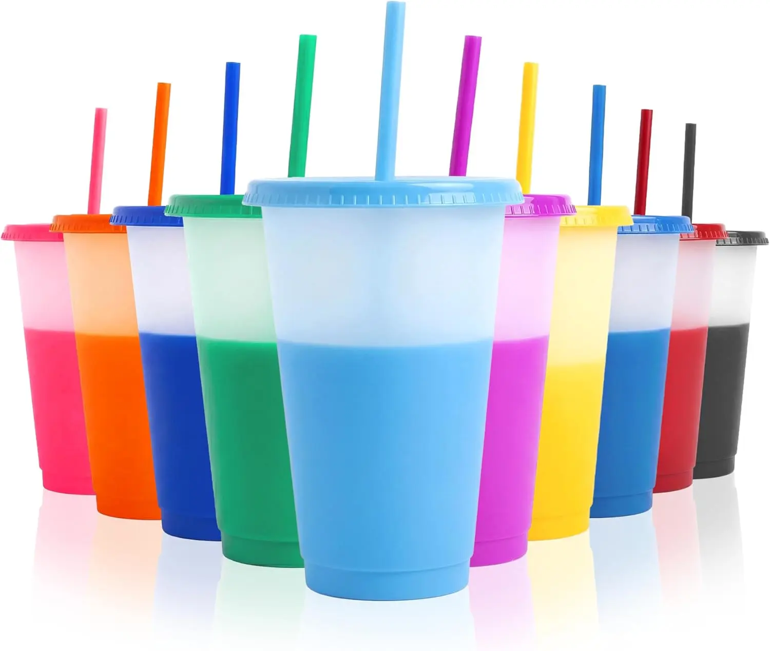10 pieces of 24-ounce (about 680.4 ml) color-changing cups with lids and straws, color-changing glass cups, reusable cups with lids, suitable for cold drinks, iced coffee, smoothies, etc.