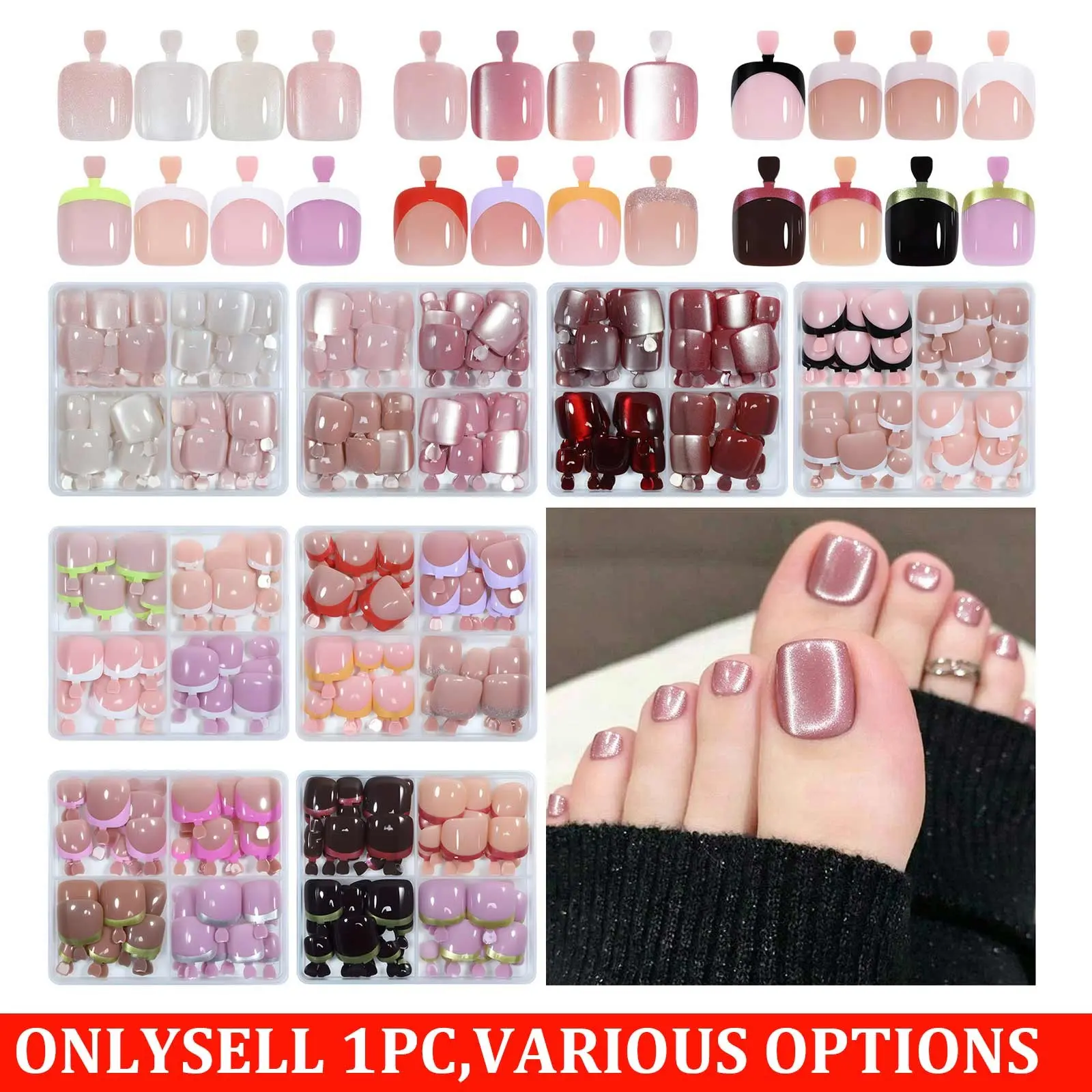 96Pcs Cat Eye Toe Nails Press on Toenails, French Tip Glitter Fake Toenails with Box, 4 Colors Ultra Thin Non-Trace Acrylic Toe Nails for Women, Gradient Glitter Toenail Tips for Home Salon