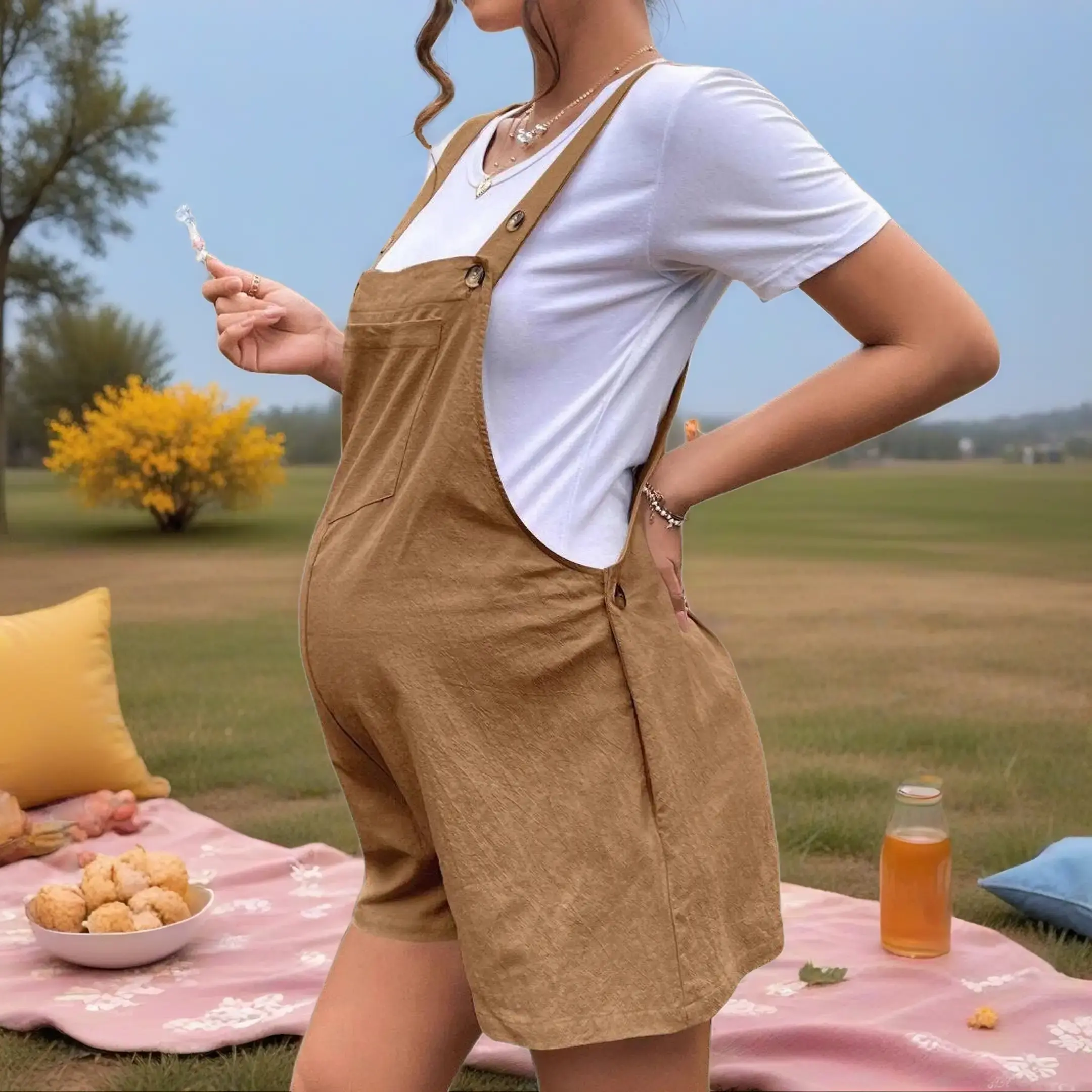 Maternity Overalls Shorts Casual Adjustable Strap Bump Friendly Summer Shorts Summer Maternity Shorts Overalls with Pockets for Pregnancy & Postpartum