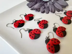 Enchanted Ladybug Dangles Handmade Polymer Clay Earrings Boho Style Hypoallergenic Stainless Steel Hooks Chic Gorgeous Jewelry